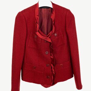 Donna Karan New York Red Wool Tweed Ruffle-Trim Blazer